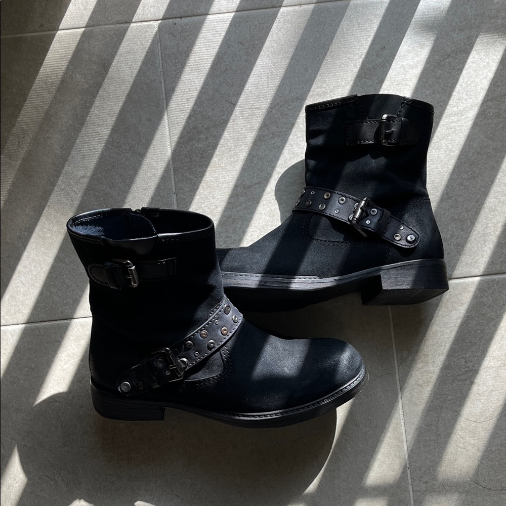 Vintage Foundry Co. “Miriam” Black Suede Buckle Ankle Moto / Combat Boots - Picture 2 of 8